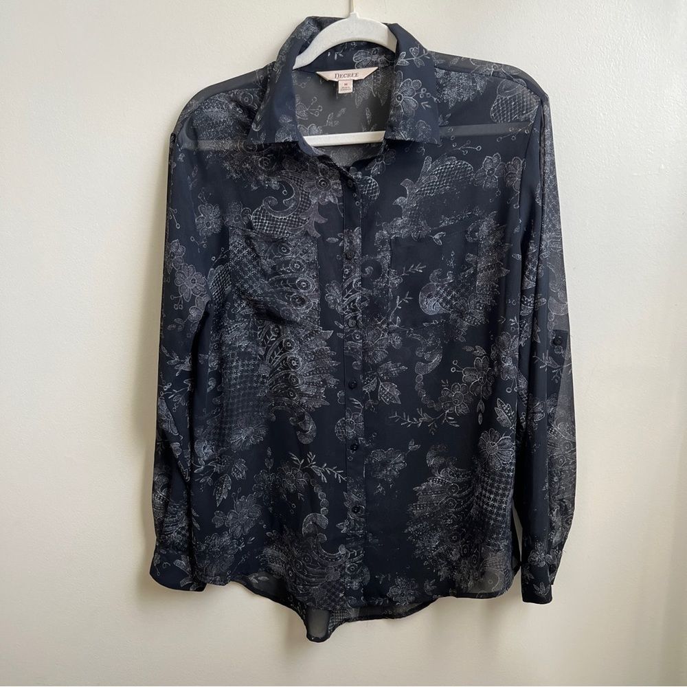 Decree Black Sheer Button Up Blouse Size Medium